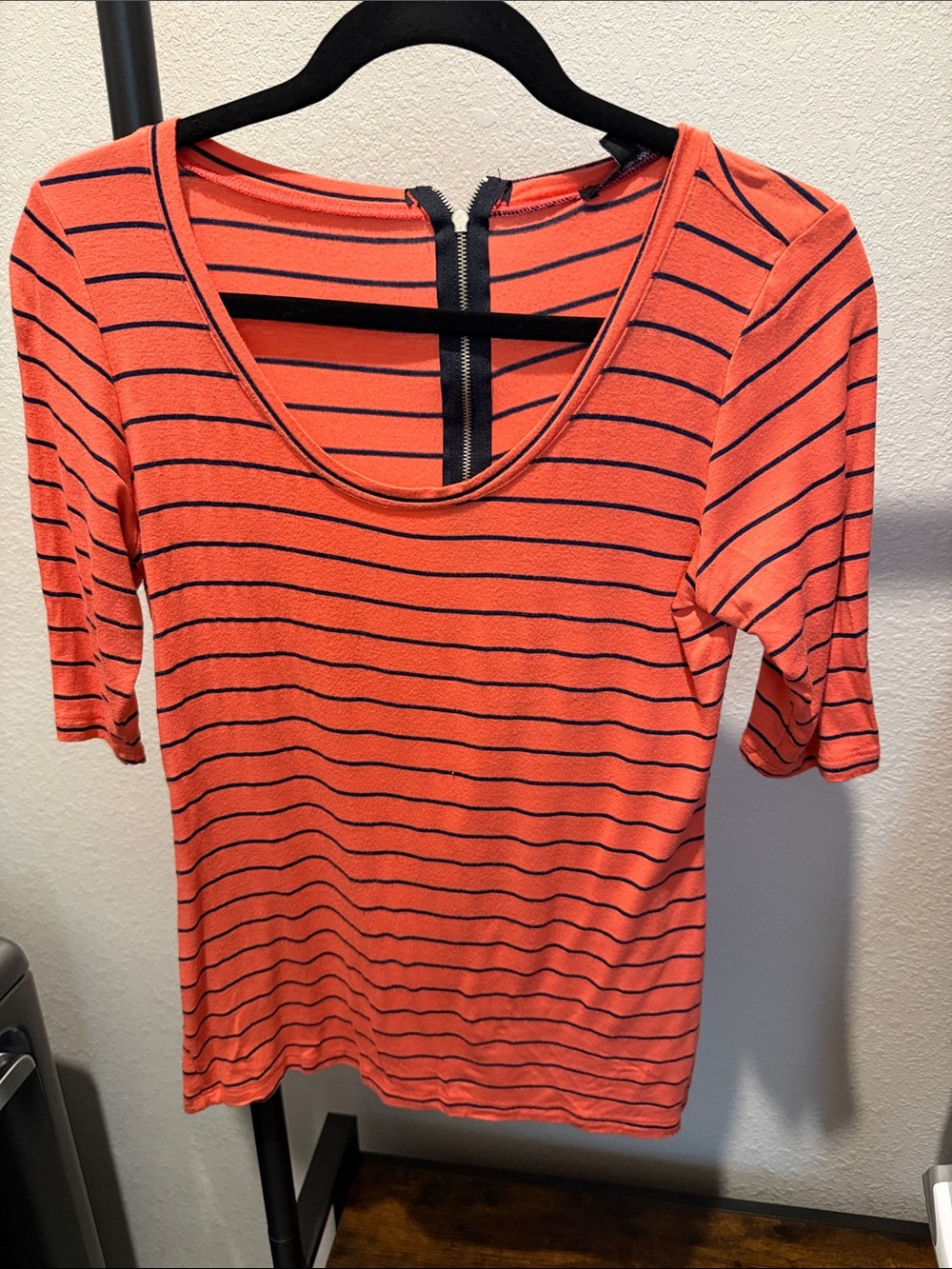 Green Envelope Coral Orange & Navy Striped Scoop Neck Tee